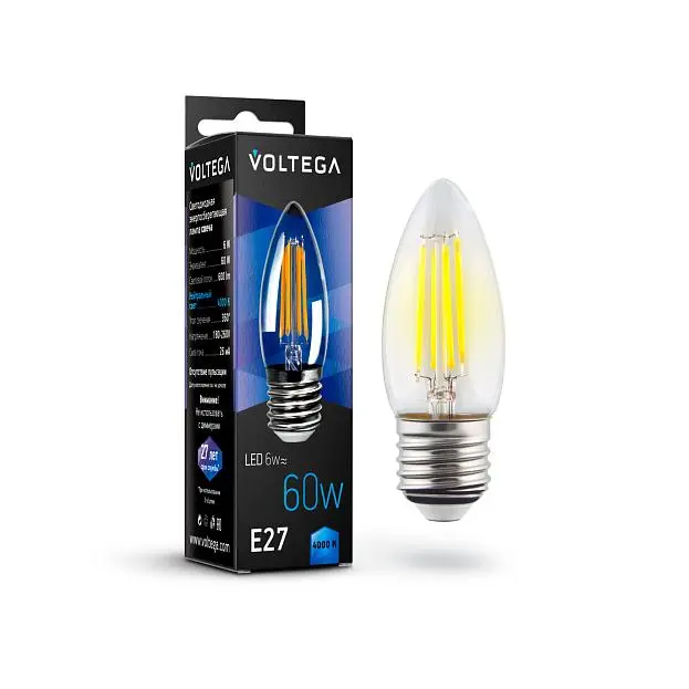 Светодиодная лампа Voltega 7029 Crystal Candle 6W 4000K E27 VG10-C1E27cold6W-F Светодиодная лампа Voltega 7029 Crystal Candle 6W 4000K E27 VG10-C1E27cold6W-F
