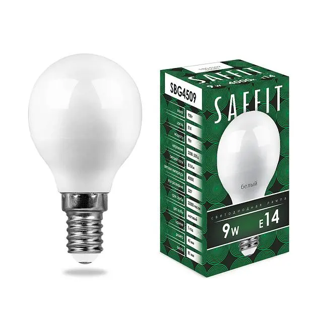 Лампа светодиодная Saffit 55081 SBG4509 Шарик E14 9W 4000K Лампа светодиодная Saffit 55081 SBG4509 Шарик E14 9W 4000K