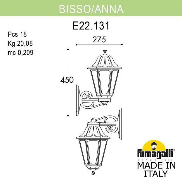 Светильник уличный настенный FUMAGALLI BISSO/ANNA E22.131.000.VYF1RDN Светильник уличный настенный FUMAGALLI BISSO/ANNA E22.131.000.VYF1RDN