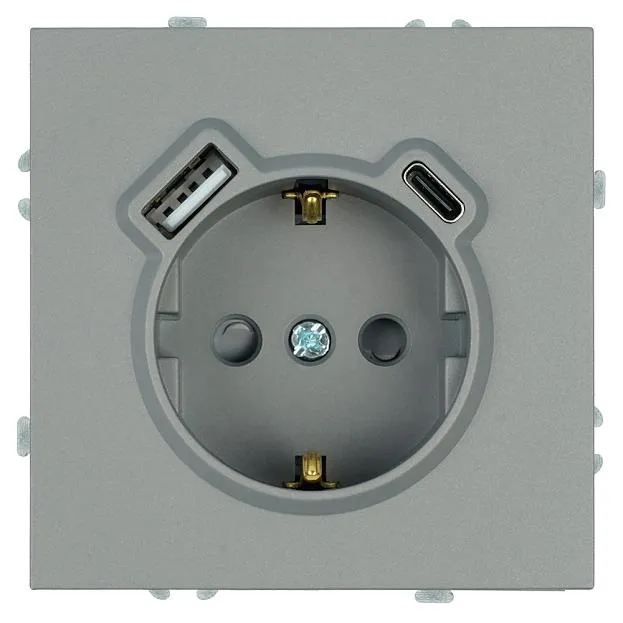 Розетка 1-местная з/ш с/з 16А + USB + Type C (механизм), 250В, 20W, серия Эмили, платиново-серый, soft-touch Stekker 50219 RST16-5119-10