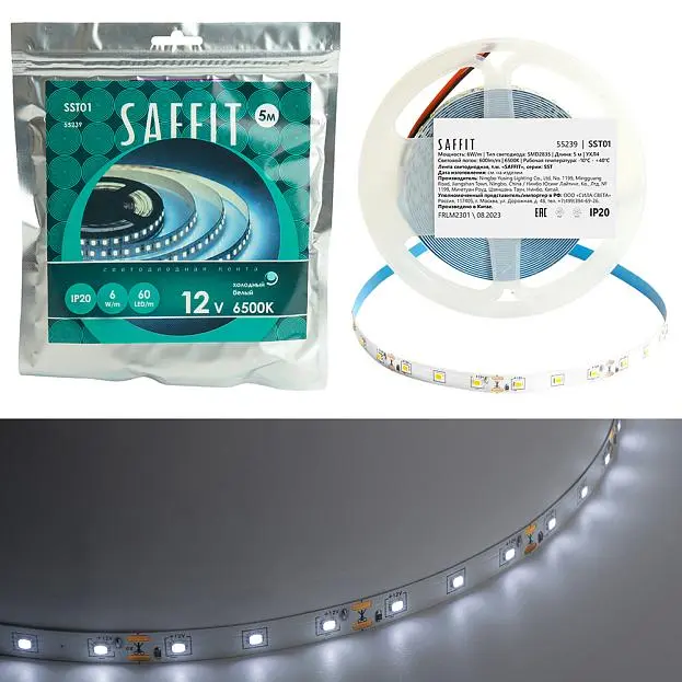 Светодиодная лента 60SMD(2835)/m 6Вт/м 12V 5000*8*1.22мм 6500K, IP20 SAFFIT 55239 SST01 Светодиодная лента 60SMD(2835)/m 6Вт/м 12V 5000*8*1.22мм 6500K, IP20 SAFFIT 55239 SST01