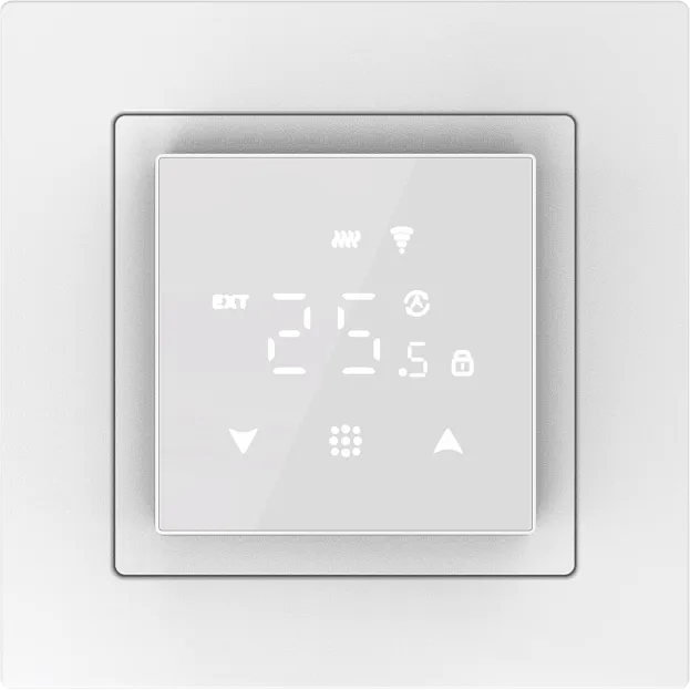 Термостат с датчиком пола, программируемый с Wi-Fi , 16 A, 45*45 мм. белое стекло Donel DTEF45W-WiFi Европа Термостат с датчиком пола, программируемый с Wi-Fi , 16 A, 45*45 мм. белое стекло Donel DTEF45W-WiFi Европа