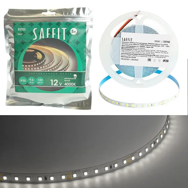 Светодиодная лента 120SMD(2835)/м 9.6Вт/м 12V 5000*8*1.22мм 4000К, IP20 SAFFIT 55241 SST02 Светодиодная лента 120SMD(2835)/м 9.6Вт/м 12V 5000*8*1.22мм 4000К, IP20 SAFFIT 55241 SST02