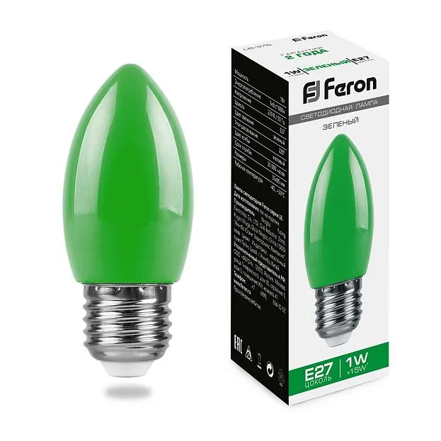 Лампа светодиодная свеча E27 1W зеленый Feron 25926 LB-376
