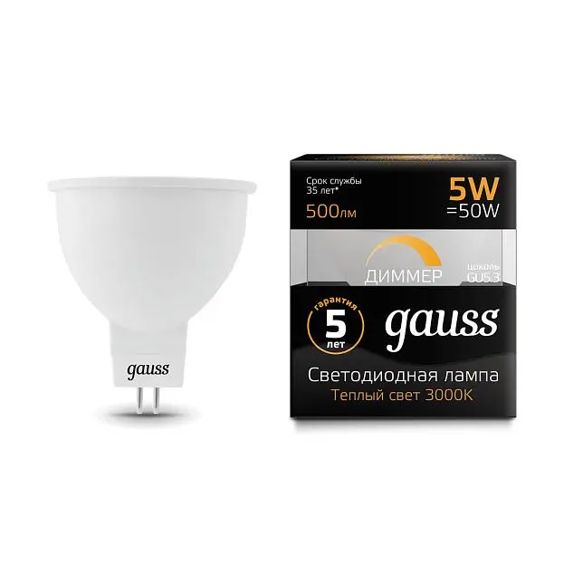 Лампа светодиодная диммируемая Gauss 101505105-D GU5.3 5W 3000K матовая Elementary MR16 Лампа светодиодная диммируемая Gauss 101505105-D GU5.3 5W 3000K матовая Elementary MR16