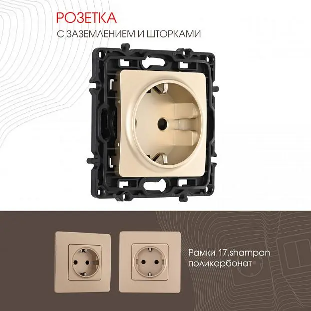 Розетка с заземлением и шторками, 16A 250V Arte Milano 217.40-1.shampan am Розетка с заземлением и шторками, 16A 250V Arte Milano 217.40-1.shampan am