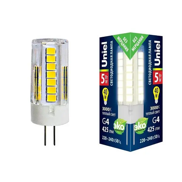 Лампочка светодиодная Uniel LED-JC-220/5W/3000K/G4/CL GLZ09TR картон Лампочка светодиодная Uniel LED-JC-220/5W/3000K/G4/CL GLZ09TR картон