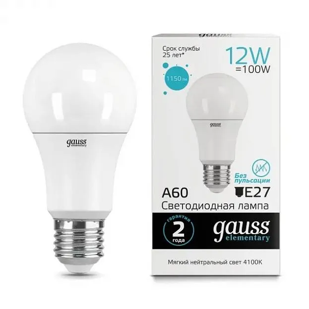 Лампа светодиодная Gauss 23222 E27 12W 4100K матовая Elementary A60 Лампа светодиодная Gauss 23222 E27 12W 4100K матовая Elementary A60