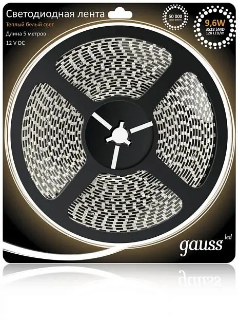 Светодиодная лента Gauss 312000110 9,6W/m 120LED/m 2835SMD теплый белый 5M Светодиодная лента Gauss 312000110 9,6W/m 120LED/m 2835SMD теплый белый 5M
