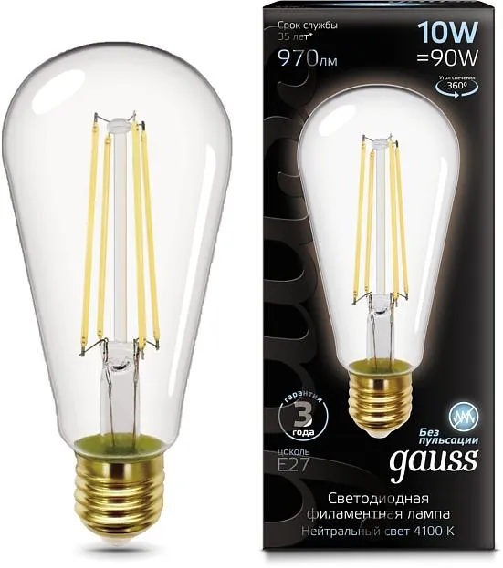 Лампа Gauss 157802210 Filament ST64 10W 970lm 4100К Е27 LED Лампа Gauss 157802210 Filament ST64 10W 970lm 4100К Е27 LED