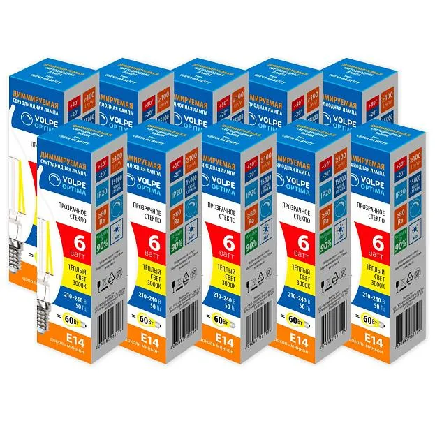 Лампочка светодиодная Volpe LED-CW35-6W/3000K/E14/CL/DIM/SLF Набор из 10штук Optima DIM Филамент