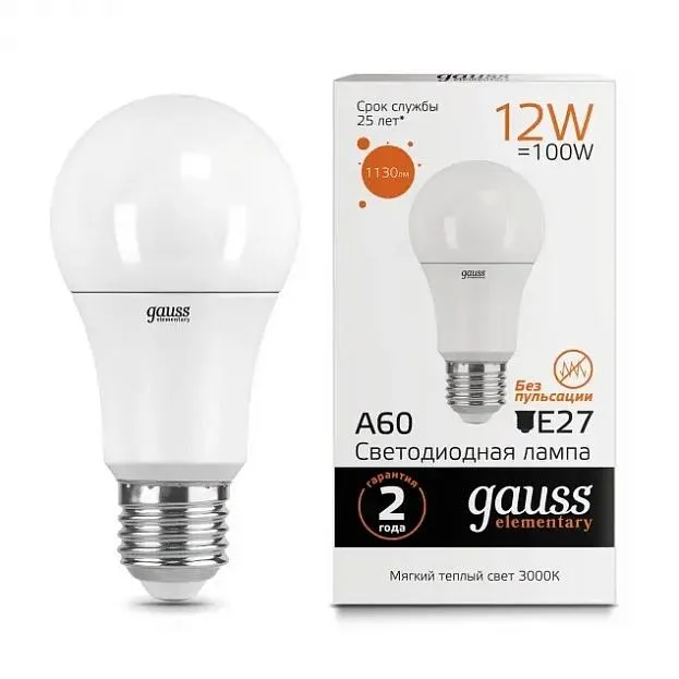 Лампа Gauss 23212 E27 12W 2700K груша матовая Elementary A60 Лампа Gauss 23212 E27 12W 2700K груша матовая Elementary A60