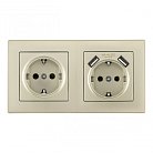 Розетка двойная (двухпостовая) c заземление и шторками + 2USB шампань с рамкой Arte Milano SET06-2-47-1-40-1 shampan