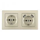 Розетка двойная (двухпостовая) c заземление и шторками + 2USB шампань с рамкой Arte Milano SET06-2-47-1-40-1 shampan