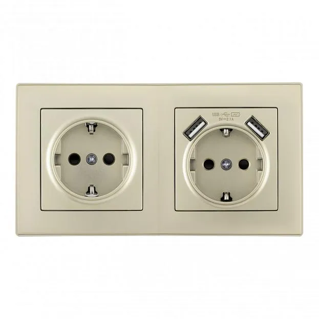 Розетка двойная (двухпостовая) c заземление и шторками + 2USB шампань с рамкой Arte Milano SET06-2-47-1-40-1 shampan Розетка двойная (двухпостовая) c заземление и шторками + 2USB шампань с рамкой Arte Milano SET06-2-47-1-40-1 shampan