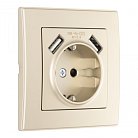 Комплект розетки с заземлением и шторками + 2 USB и рамкой однопостовой шампань пластик Arte Milano SET06-1-47-1 shampan