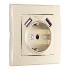 Комплект розетки с заземлением и шторками + 2 USB и рамкой однопостовой шампань пластик Arte Milano SET06-1-47-1 shampan