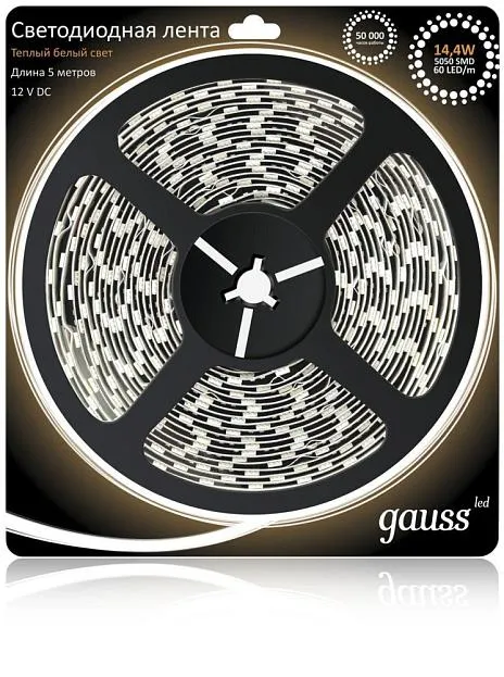 Светодиодная лента Gauss 312000114 14,4W/m 60LED/m 5050SMD теплый белый 5M Светодиодная лента Gauss 312000114 14,4W/m 60LED/m 5050SMD теплый белый 5M