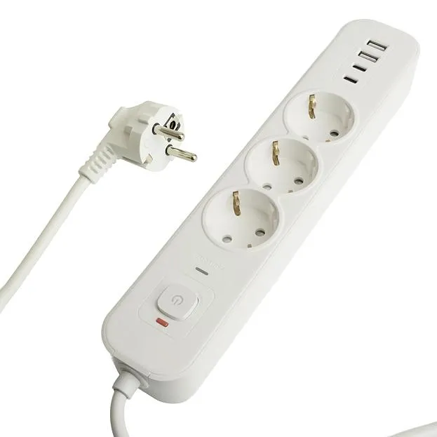 Сетевой фильтр 3-местный с/з Stekker 50100 3x1мм2, 3 м, 250В, 16А, 2 USB-A+2 Type-C 3, серия Nova, белый Сетевой фильтр 3-местный с/з Stekker 50100 3x1мм2, 3 м, 250В, 16А, 2 USB-A+2 Type-C 3, серия Nova, белый