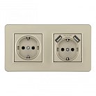 Розетка двойная (двухпостовая) c заземление и шторками + 2USB шампань с рамкой Arte Milano SET16-2-47-1-40-1 shampan