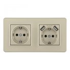 Розетка двойная (двухпостовая) c заземление и шторками + 2USB шампань с рамкой Arte Milano SET16-2-47-1-40-1 shampan