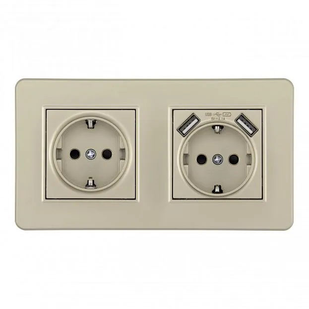 Розетка двойная (двухпостовая) c заземление и шторками + 2USB шампань с рамкой Arte Milano SET16-2-47-1-40-1 shampan Розетка двойная (двухпостовая) c заземление и шторками + 2USB шампань с рамкой Arte Milano SET16-2-47-1-40-1 shampan