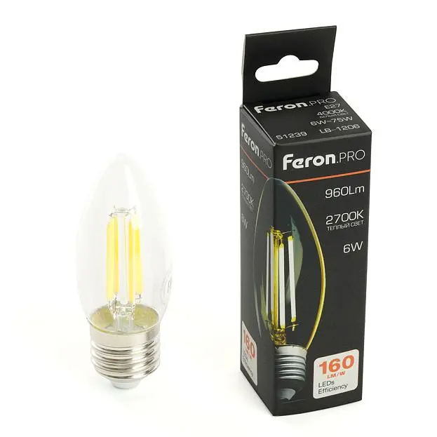 Лампа светодиодная Свеча E27 960LM 6W 175-265V 2700K Feron 51238 LB-1206 Лампа светодиодная Свеча E27 960LM 6W 175-265V 2700K Feron 51238 LB-1206