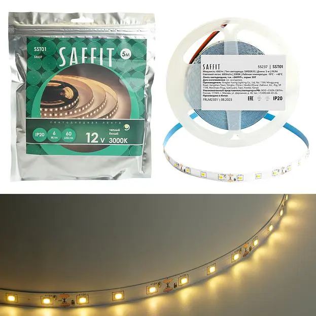 Светодиодная лента 60SMD(2835)/m 6Вт/м 12V 5000*8*1.22мм 3000K, IP20 SAFFIT 55237 SST01 Светодиодная лента 60SMD(2835)/m 6Вт/м 12V 5000*8*1.22мм 3000K, IP20 SAFFIT 55237 SST01
