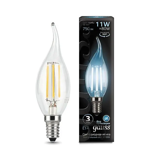 Лампа Gauss 104801211 E14 11W 4100К прозрачная Filament Candle Лампа Gauss 104801211 E14 11W 4100К прозрачная Filament Candle