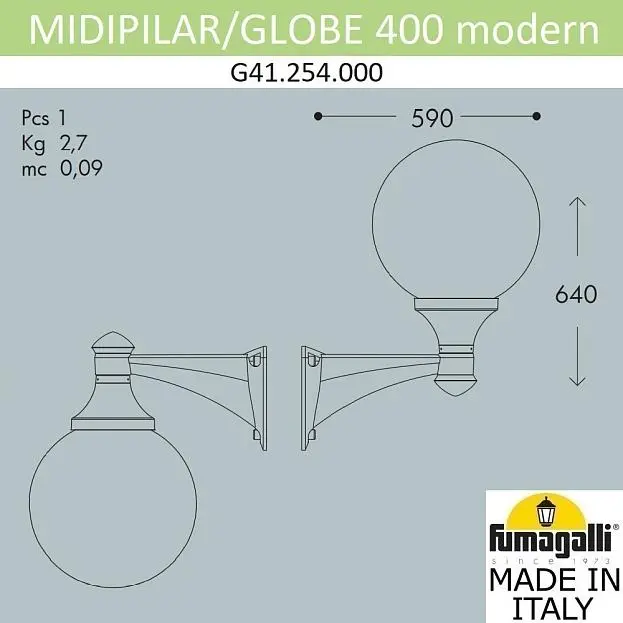 Уличный настенный светильник FUMAGALLI MIDIPILAR/GLOBE 400 modern G41.254.000.LYE27