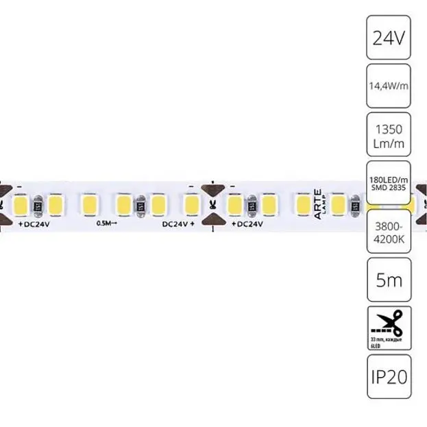 Светодиодная лента 24V 9,6W/m 4000К 5м Arte Lamp A2418008-02-4K TAPE Светодиодная лента 24V 9,6W/m 4000К 5м Arte Lamp A2418008-02-4K TAPE