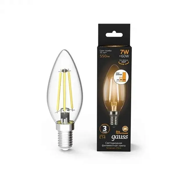 Лампа Gauss 103801107 филаментная E14 7W 2700К свеча прозрачная Filament Candle Лампа Gauss 103801107 филаментная E14 7W 2700К свеча прозрачная Filament Candle