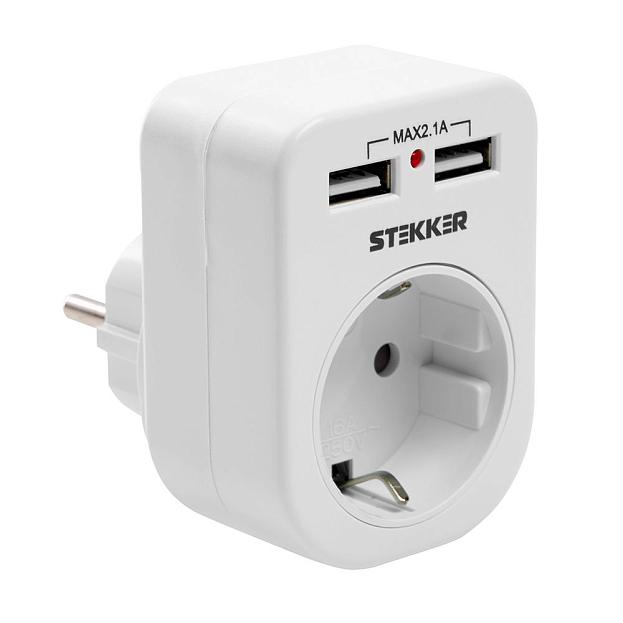 Переходник сетевой с/з c 2 USB 2,1А STEKKER 39626 ADP16-24-20, 250В, 16A, IP20, белый