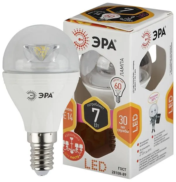 Лампочка светодиодная ЭРА LED P45-7W-827-E14-Clear