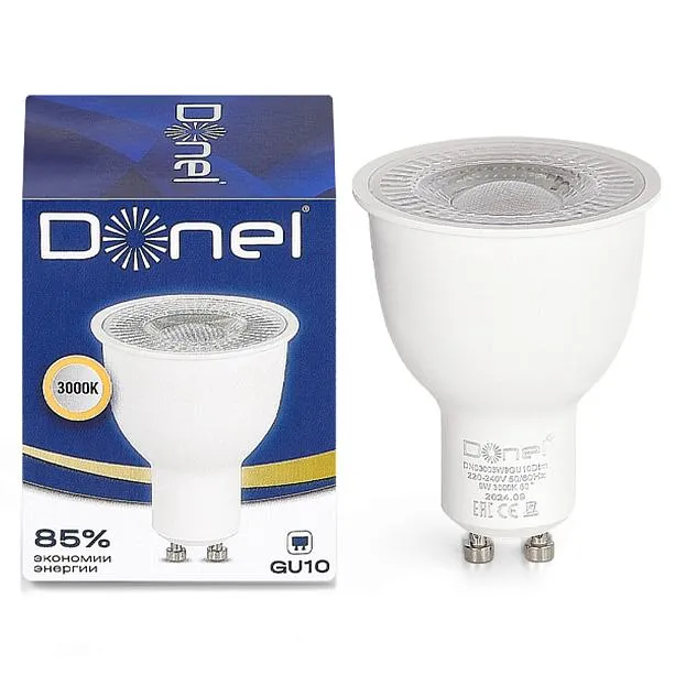 Светодиодная лампа 9Вт, MR16, 220В, GU10, 3000K, 720Лм, Ra>80, 60°, D50хH65мм, Dim Triac Donel DN03003W9GU10Dim DN03 Светодиодная лампа 9Вт, MR16, 220В, GU10, 3000K, 720Лм, Ra>80, 60°, D50хH65мм, Dim Triac Donel DN03003W9GU10Dim DN03