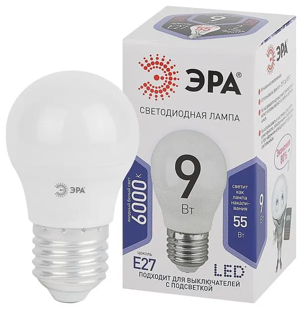 Лампочка светодиодная ЭРА LED P45-9W-860-E27