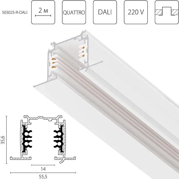 Трек шестиконтактный встраиваемый 3-фазн со стыковочными пазами (круглые медные жилы) длина 2м, БЕЛЫЙ МАТОВЫЙ Lightstar 503025-R-DALI Quattro/DALI/