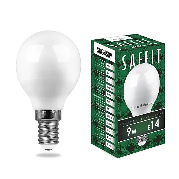 Лампа светодиодная Saffit 55080 SBG4509 Шарик E14 9W 2700K Лампа светодиодная Saffit 55080 SBG4509 Шарик E14 9W 2700K