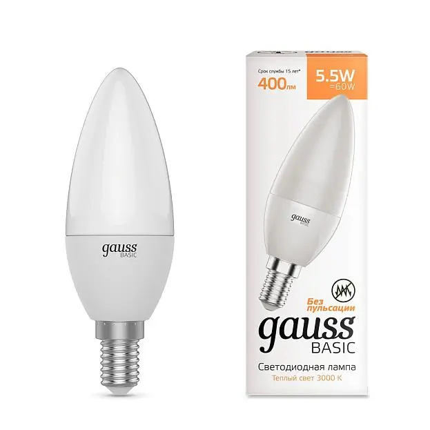 Лампа светодиодная E14 5,5W 3000К матовая Gauss 1033116 Basic Свеча Лампа светодиодная E14 5,5W 3000К матовая Gauss 1033116 Basic Свеча