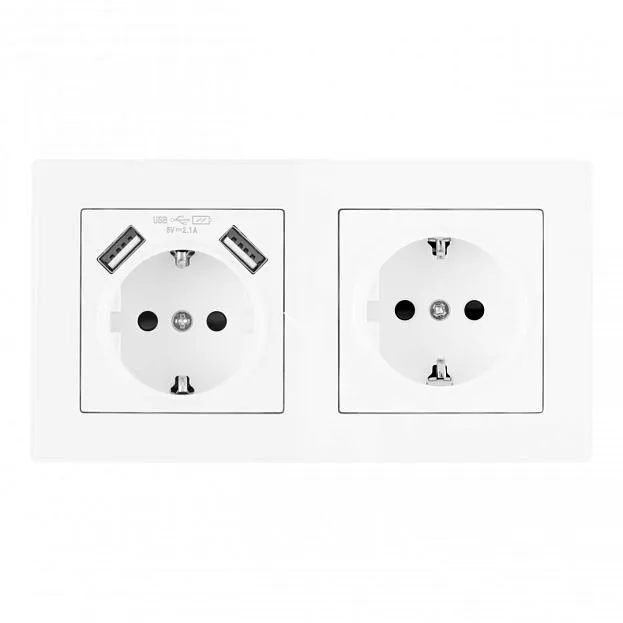 Розетка двойная (двухпостовая) c заземление и шторками + 2USB белая с рамкой Arte Milano SET06-2-47-1-40-1 white Розетка двойная (двухпостовая) c заземление и шторками + 2USB белая с рамкой Arte Milano SET06-2-47-1-40-1 white