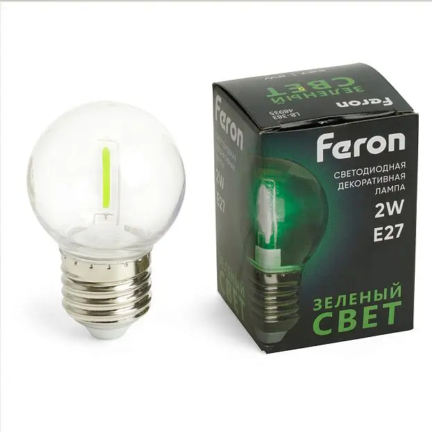 Лампа светодиодная Шарик прозрачный E27 2W 230V зеленый Feron 48935 LB-383 Лампа светодиодная Шарик прозрачный E27 2W 230V зеленый Feron 48935 LB-383