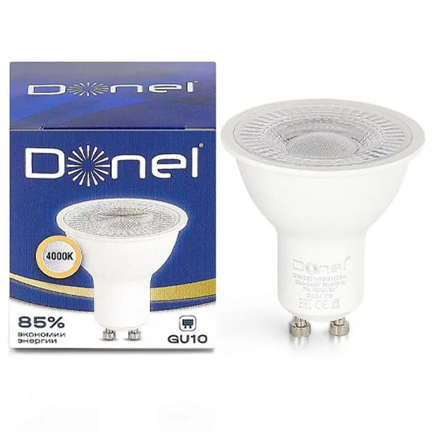 Светодиодная лампа 7Вт, MR16, 220В, GU10, 4000K, 560Лм, Ra>80, 60°, D50хH55мм, Dim Triac Donel DN03001N7GU10Dim DN03 Светодиодная лампа 7Вт, MR16, 220В, GU10, 4000K, 560Лм, Ra>80, 60°, D50хH55мм, Dim Triac Donel DN03001N7GU10Dim DN03