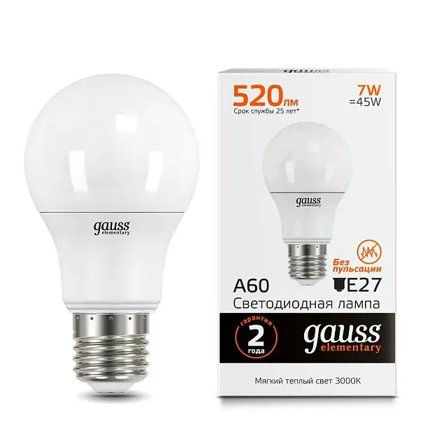 Лампа светодиодная Gauss 23217A E27 7W 3000K матовая Elementary A60 LED Лампа светодиодная Gauss 23217A E27 7W 3000K матовая Elementary A60 LED