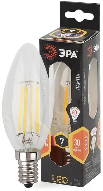 Лампочка светодиодная филаментная ЭРА F-LED B35-7W-827-E14