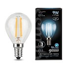 Лампа Gauss 105801209 филаментная E14 9W 4100К шар прозрачный Filament Globe