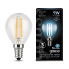 Лампа Gauss 105801209 филаментная E14 9W 4100К шар прозрачный Filament Globe
