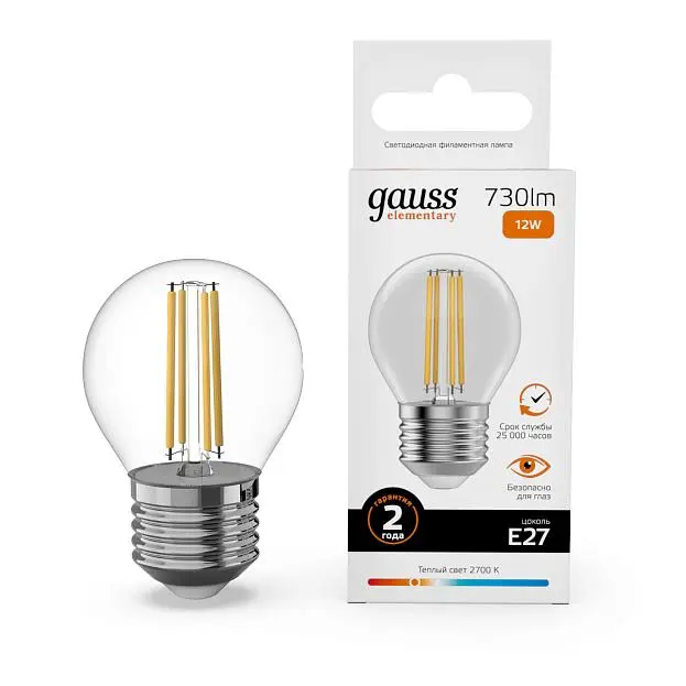 Светодиодная филаментная лампа Шар 12W 730Lm 2700K E27 Gauss 52212 FILAMENT ELEMENTARY Светодиодная филаментная лампа Шар 12W 730Lm 2700K E27 Gauss 52212 FILAMENT ELEMENTARY