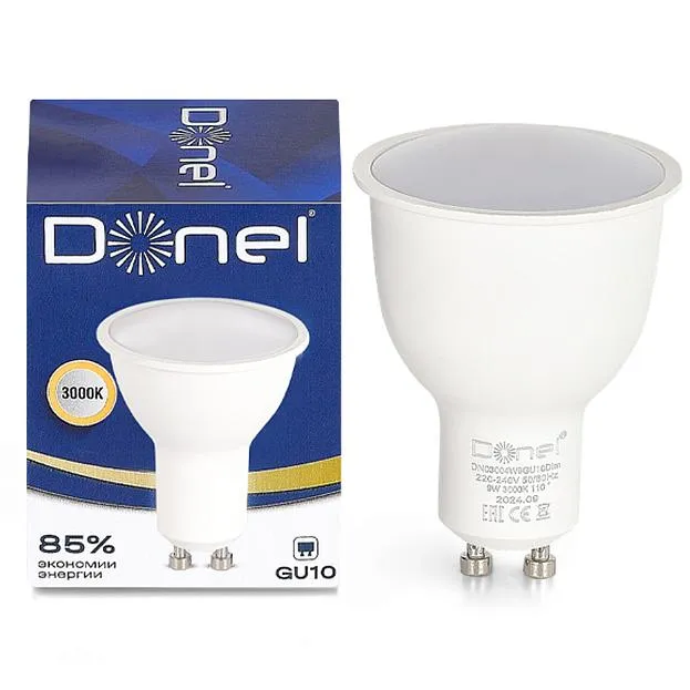 Светодиодная лампа 9Вт, MR16, 220В, GU10, 3000K, 720Лм, Ra>80, 110°, D50хH65мм, Dim Triac Donel DN03004W9GU10Dim DN03 Светодиодная лампа 9Вт, MR16, 220В, GU10, 3000K, 720Лм, Ra>80, 110°, D50хH65мм, Dim Triac Donel DN03004W9GU10Dim DN03