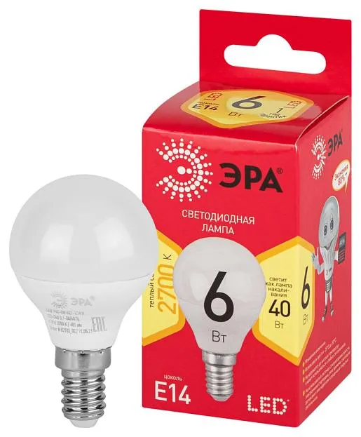 Лампочка светодиодная ЭРА LED P45-6W-827-E14 R