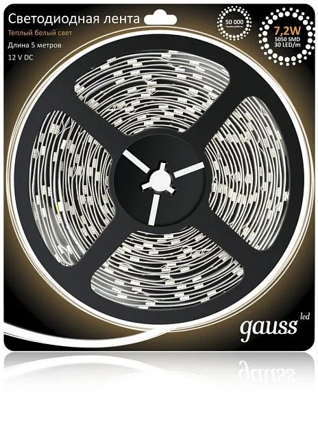 Светодиодная лента Gauss 312000107 7,2W/m 30LED/m 5050SMD теплый белый 5M Светодиодная лента Gauss 312000107 7,2W/m 30LED/m 5050SMD теплый белый 5M